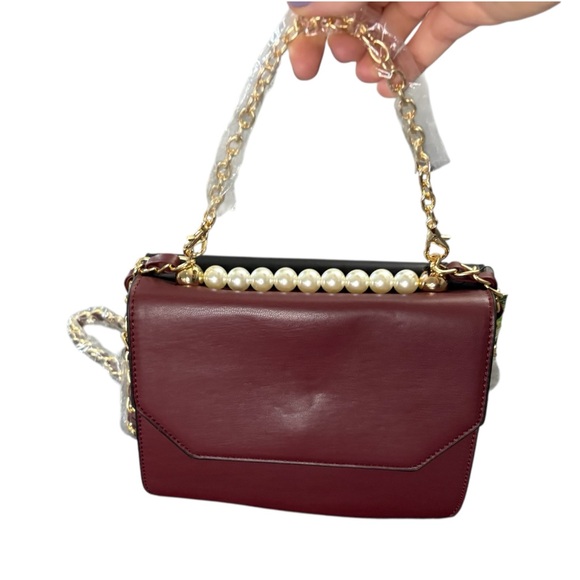 Badgley Mischka Black and Wine Double Crossbody Bag with Pearls - Picture 3 of 13